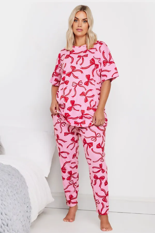 YOURS Curve Pink Bow Print Tapered Pyjama Set