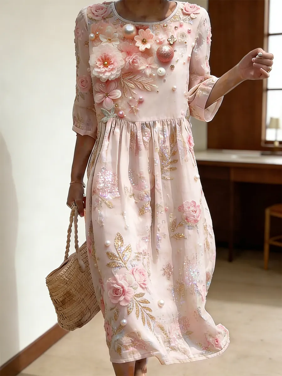 Women's Romantic Pink Sparkle Flower Pearl Pattern Linen Blended Dress