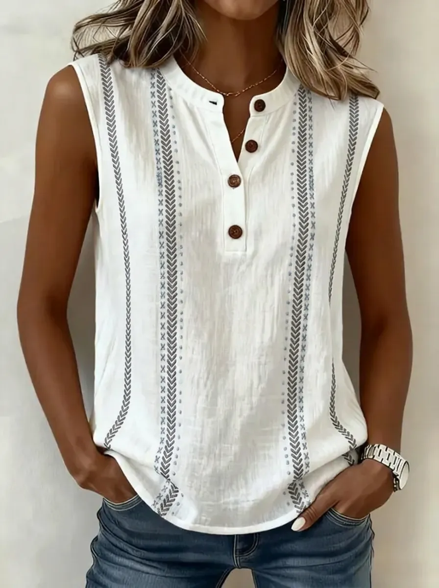 Women's Nashville Western Tribal Striped Printed Sleeveless Button Tank Top