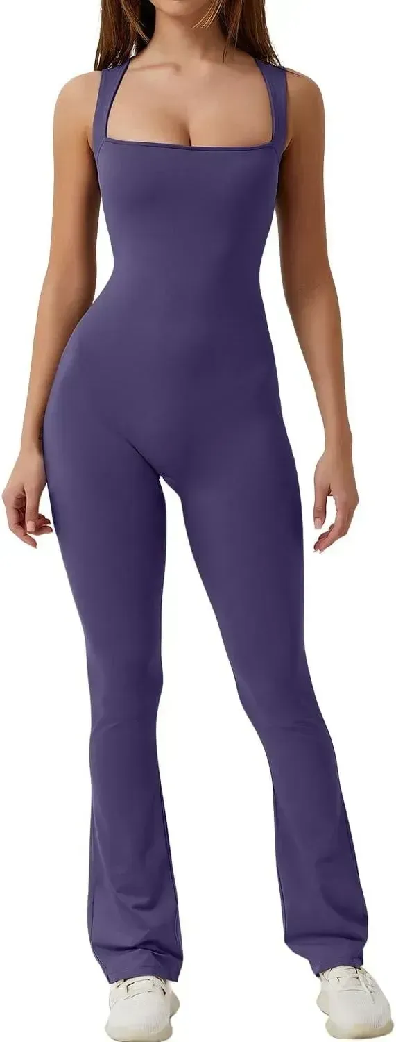 Flare Jumpsuits for Women Strappy Square Neck Bodycon Full Length Long Pants Casual Playsuit