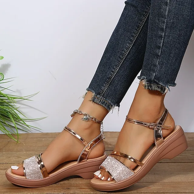 Women's Sandals Wedge Sandals Sparkling Glitter Wedge Heel Open Toe Casual Faux Leather Glitter Ankle Strap Silver Gold