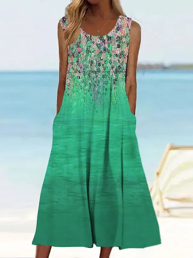 Women's Casual Dress Tank Dress Summer Dress Floral Print Crew Neck Midi Dress Active Fashion Daily Holiday Sleeveless Loose Fit Aqua Blue Cream Wine Summer Spring S M L XL XXL
