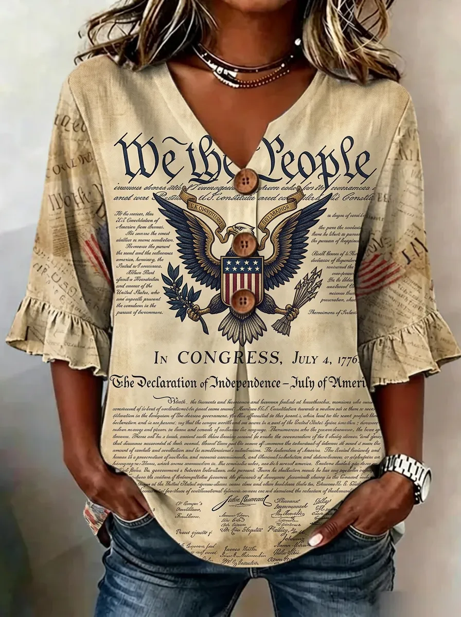 Women's USA Patriotic Declaration Printed V-neck Ruffle Top