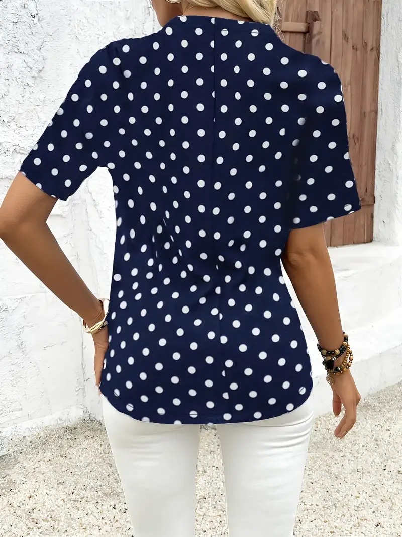 Polka Dot V-Neck Zipper Blouse, Short Sleeve Spring Summer Blouse for Women