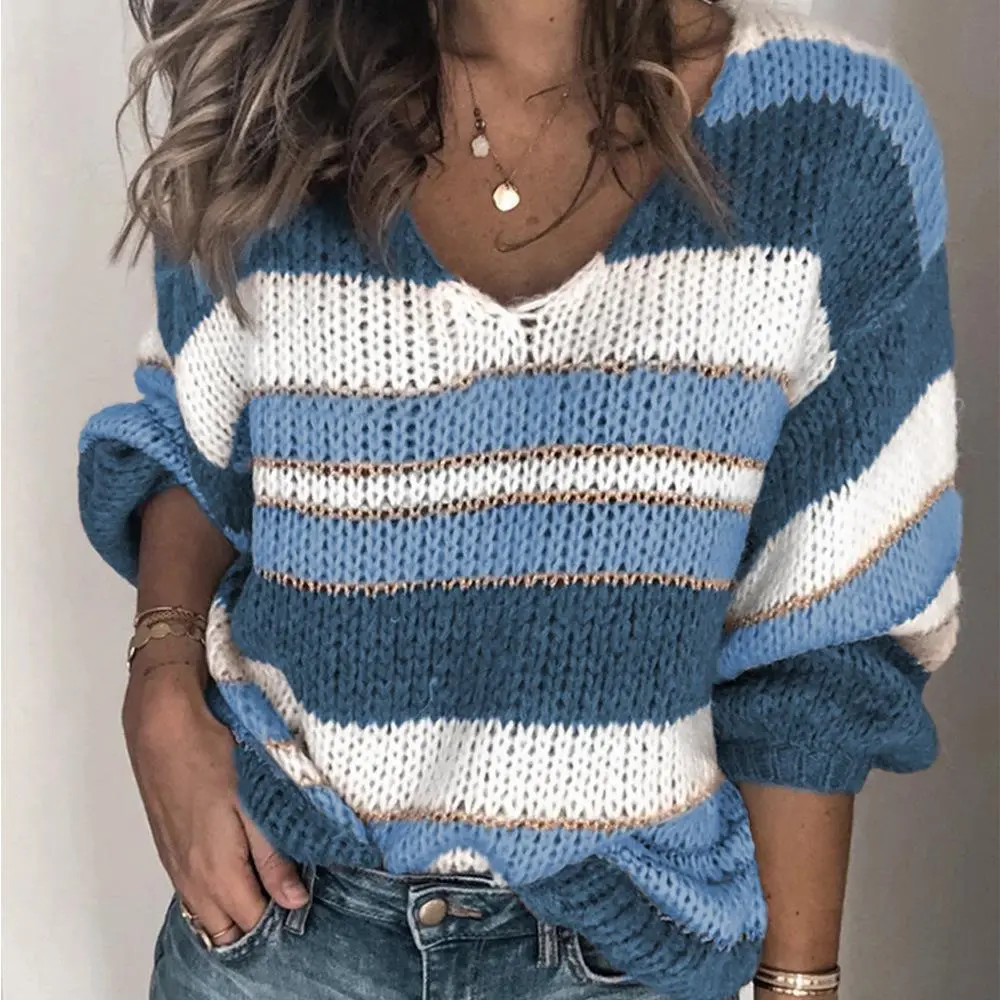 Striped Color Block Printed Long Sleeve V Neck Sweater