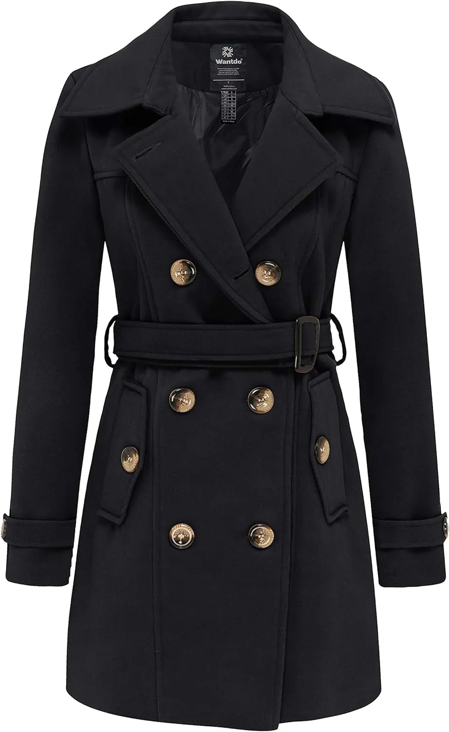 Women's Double Breasted Pea Coat Winter Mid-Long Trench Coat with Belt