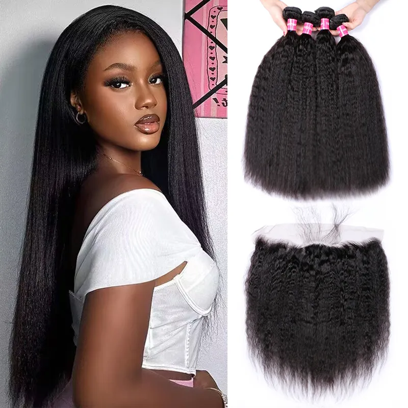 Sterly Kinky Straight Hair 3 Bundles with 13×4 Lace Frontal Human Hair Natural Color