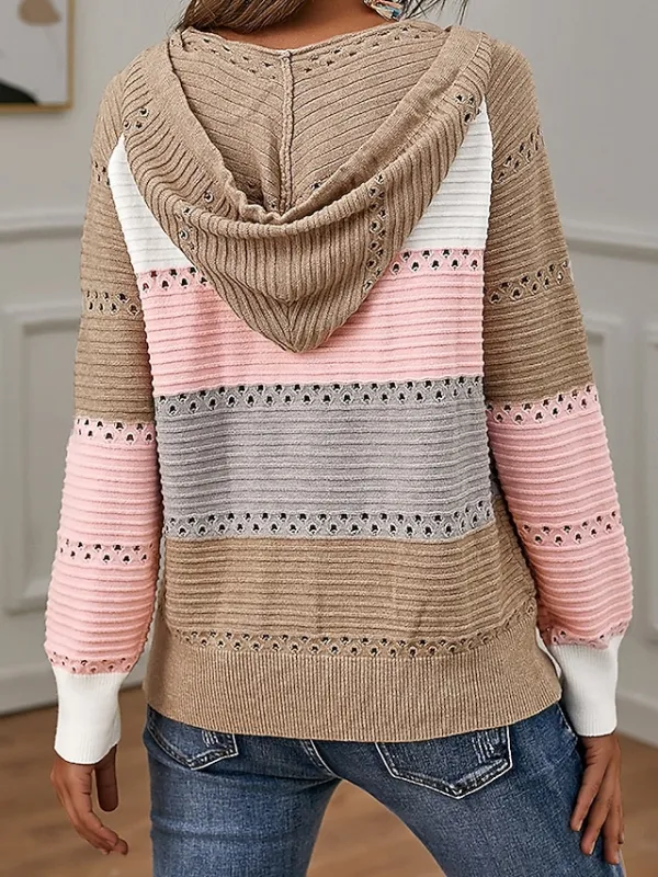 Women's Sweater Jacket Casual Sweater Crew Neck Knit Zipper Hooded Spring Fall Daily Casual Soft Long Sleeve Color Block Black Pink