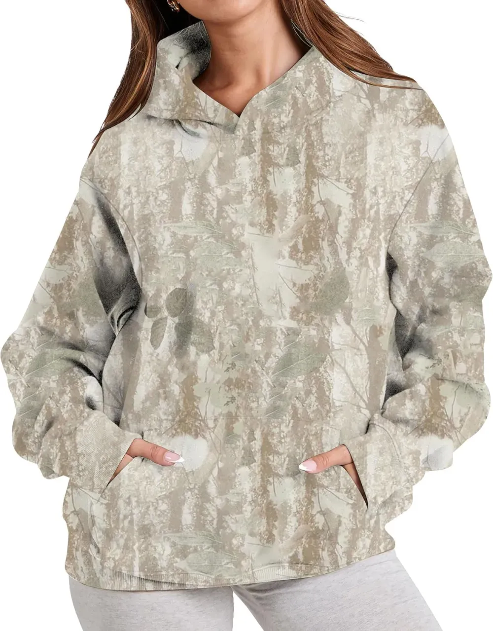 Womens Camo Hoodies Maple Leaf Print Oversized Hooded Sweatshirt Fleece Pullover Sweatshirts Long Sleeve with Pocket