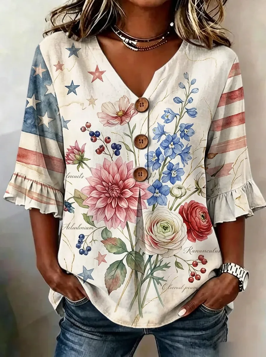 Women's Nashville USA Flag Floral Printed V-neck Button Shirt