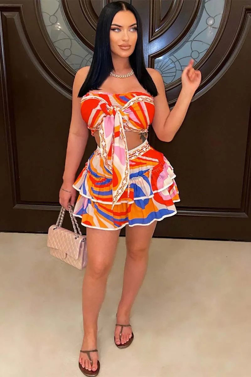 Graphic Print Strapless Crop Top Layered Ruffled Vacation Mini Skirt Matching Set