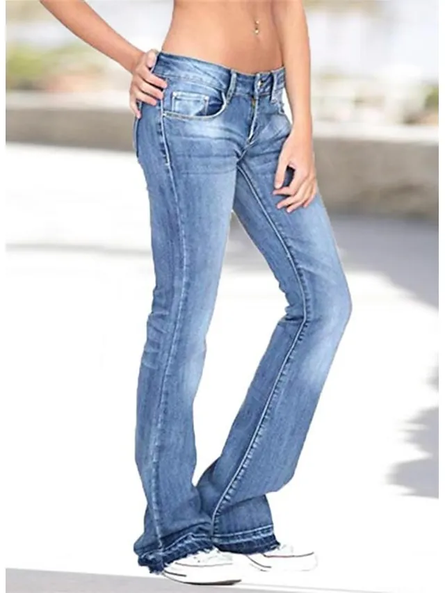 Women‘s Flare Low Rise Jeans Pants Bootcut Full Length Denim Pocket Stretchy High Waist Casual Daily  Navy Blue Light Blue S M