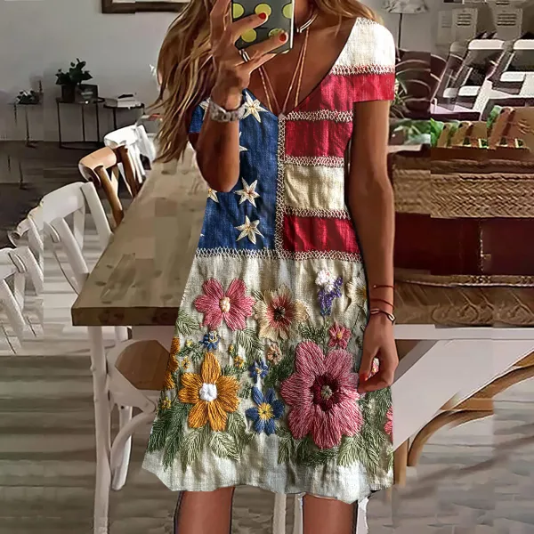 Women's Vintage Independence Day Flag Floral Embroidered V-neck Dress