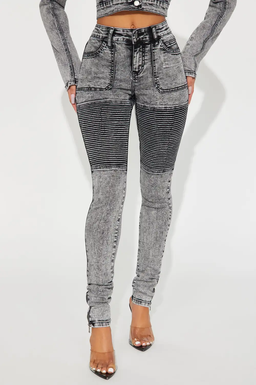 Moto Madness Stretch Skinny Jeans - Acid Wash Grey