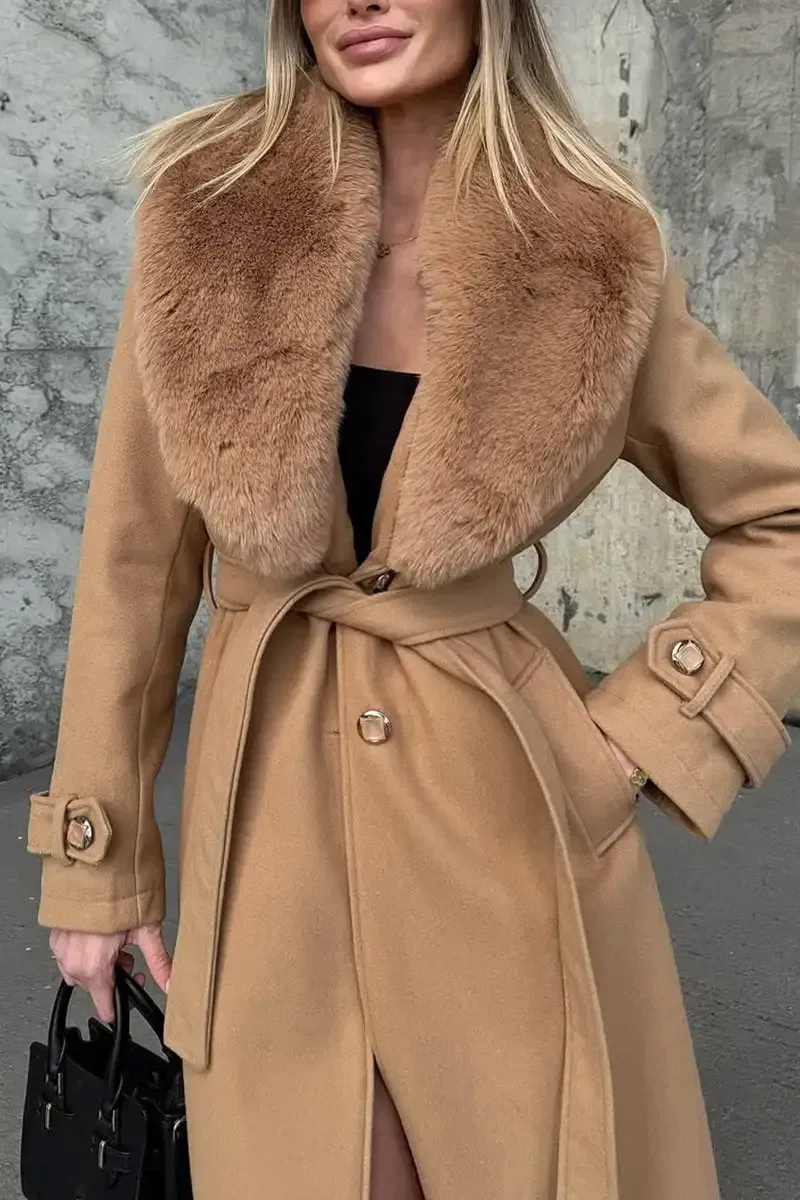 Women's Fashion Warm Fur Lapel Long Woolen Coat