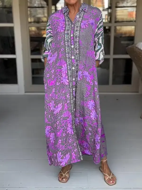 Women Sundress Boho Casual Lapel Loose Printed Dress