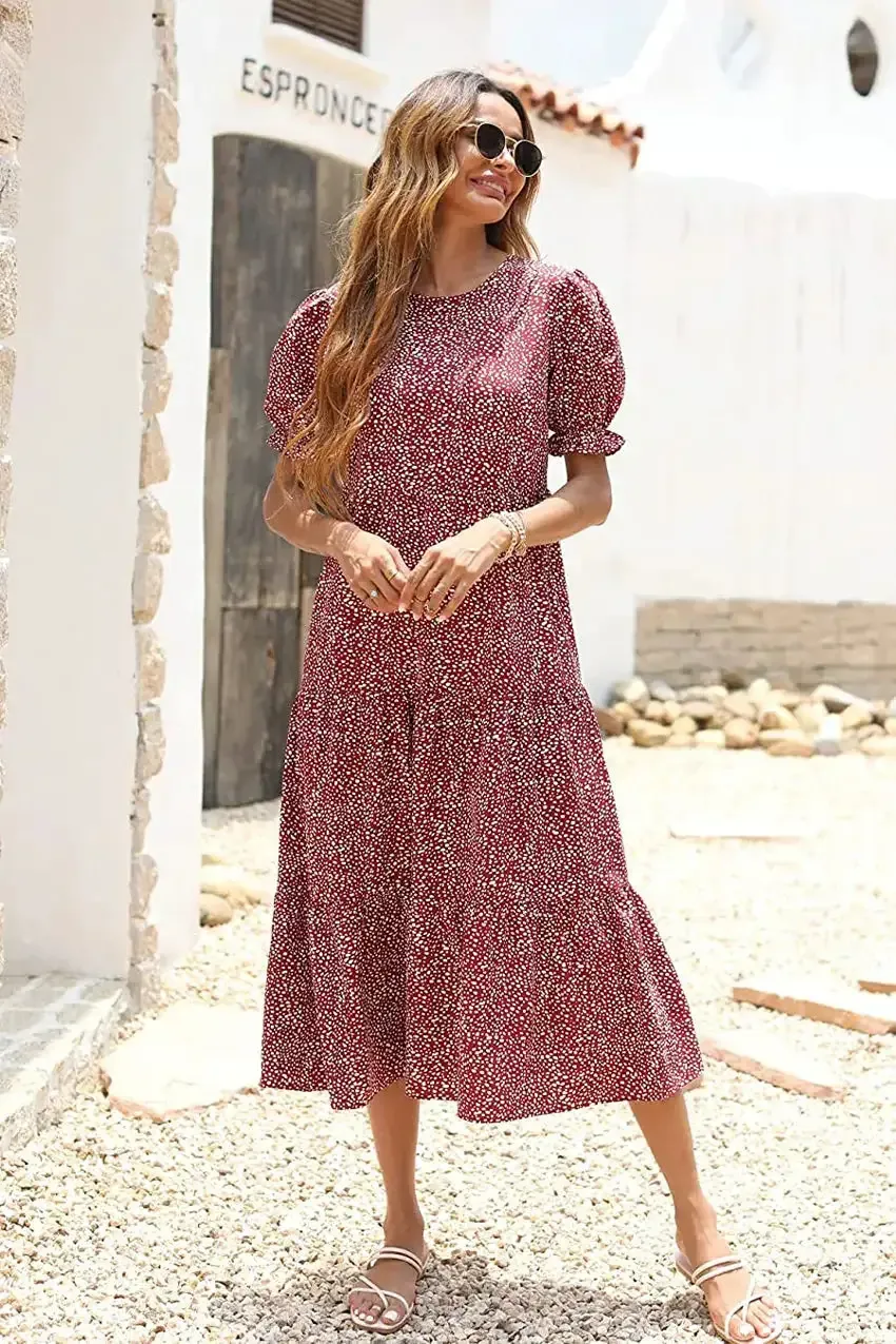 Floral Print Ruffle Puff Sleeve High Waist Midi Dresses