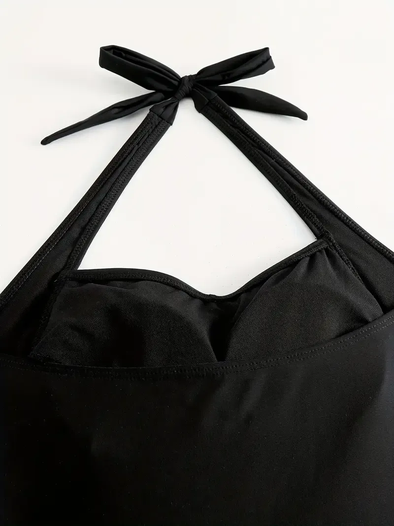 Ruched Halter Backless One Piece Swimsuit, Black Tie Neck Stretchy Solid Color Bathing Suit, Women's Swimwear & Clothing