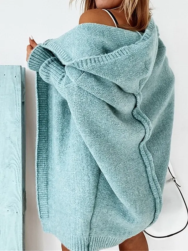 Women's Cardigan Hooded Solid Color Stylish Basic Casual Long Sleeve Loose Sweater Cardigans Hooded Open Front Fall Winter Denim Purple / Holiday / Going out