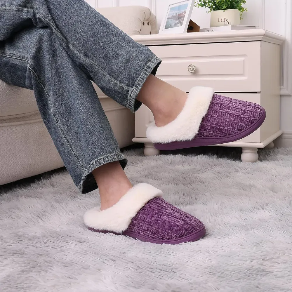 Warm Knit House Slippers for Women Comfy Wool-Like Lined Chenille Slippers with Memory Foam and Indoor Outdoor Soles