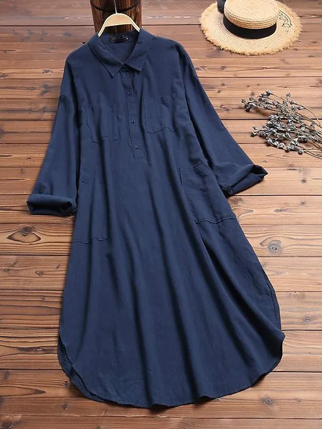 Women's Shirt Dress Casual Dress Cotton Linen Swing Long Sleeve V Neck Pocket Basic Loose Midi Summer Spring