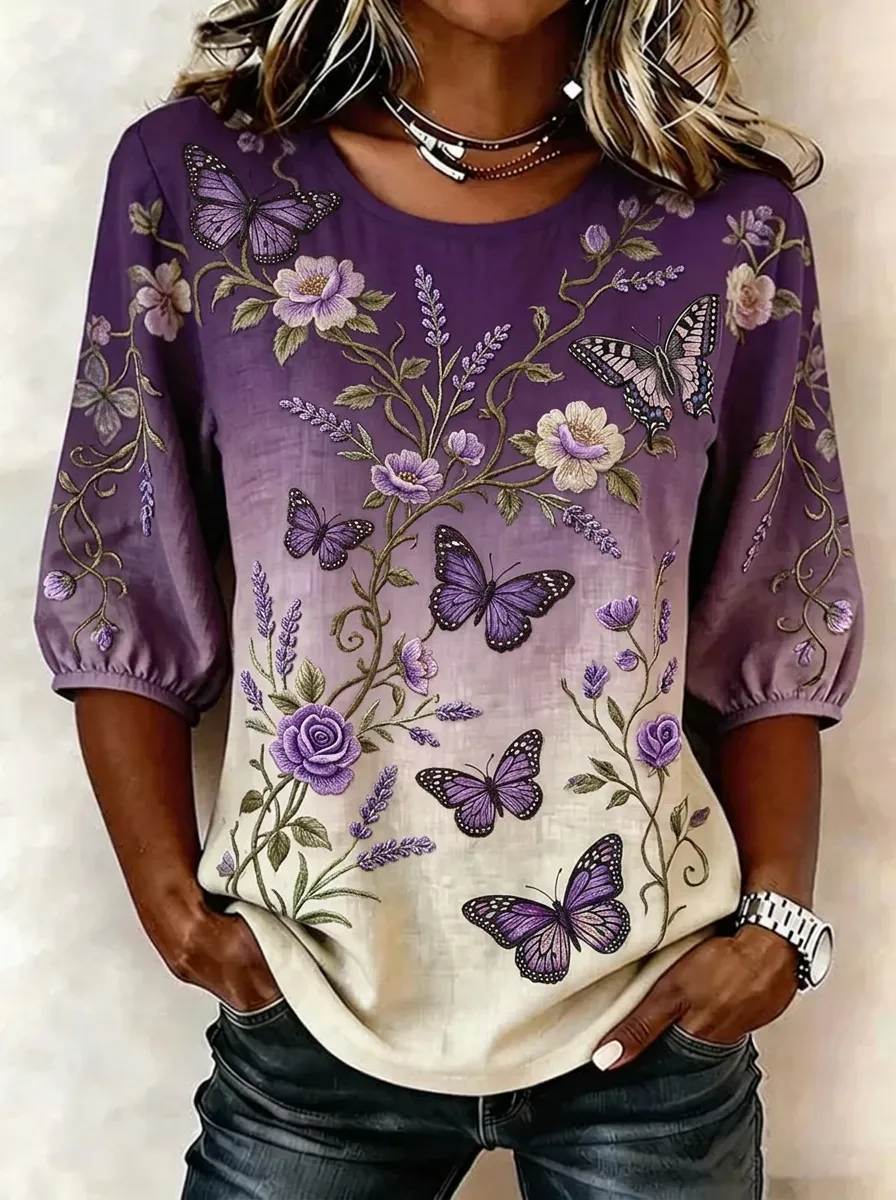 Women's Nashville Butterfly Floral Printed 3/4 Sleeve Top