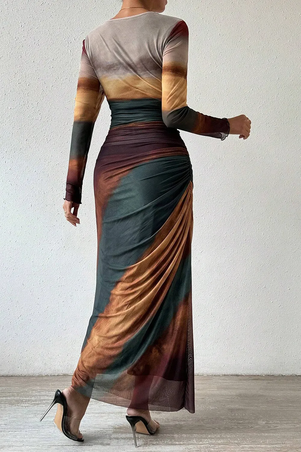 Women's Tie Dye Long Sleeve Pleated Dress Multicolor