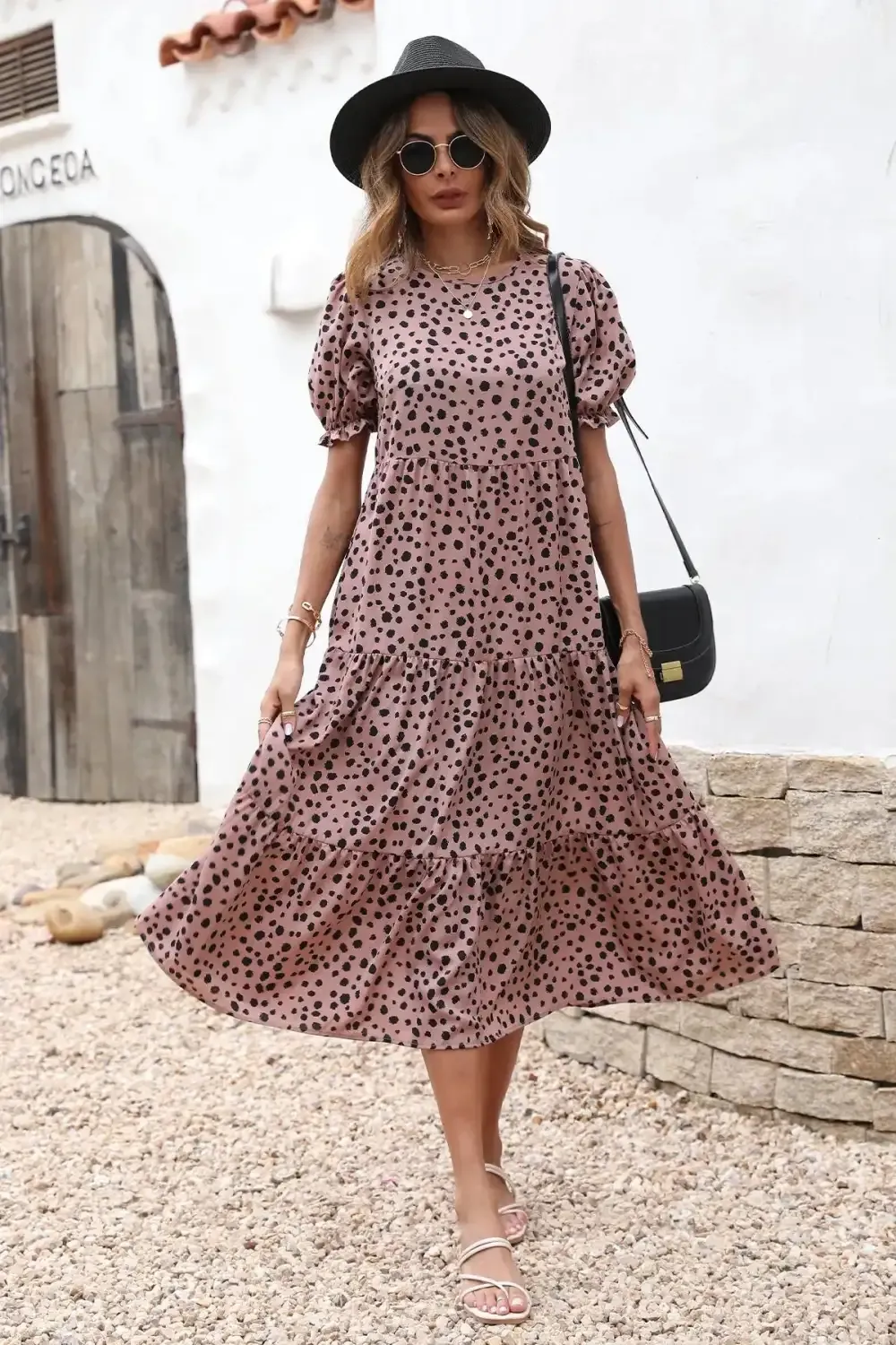 Floral Print Ruffle Puff Sleeve High Waist Midi Dresses