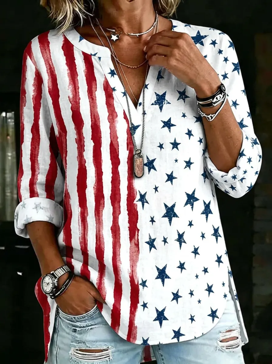 Women's Nashville USA Flag Star Striped Printed V-Neck Top