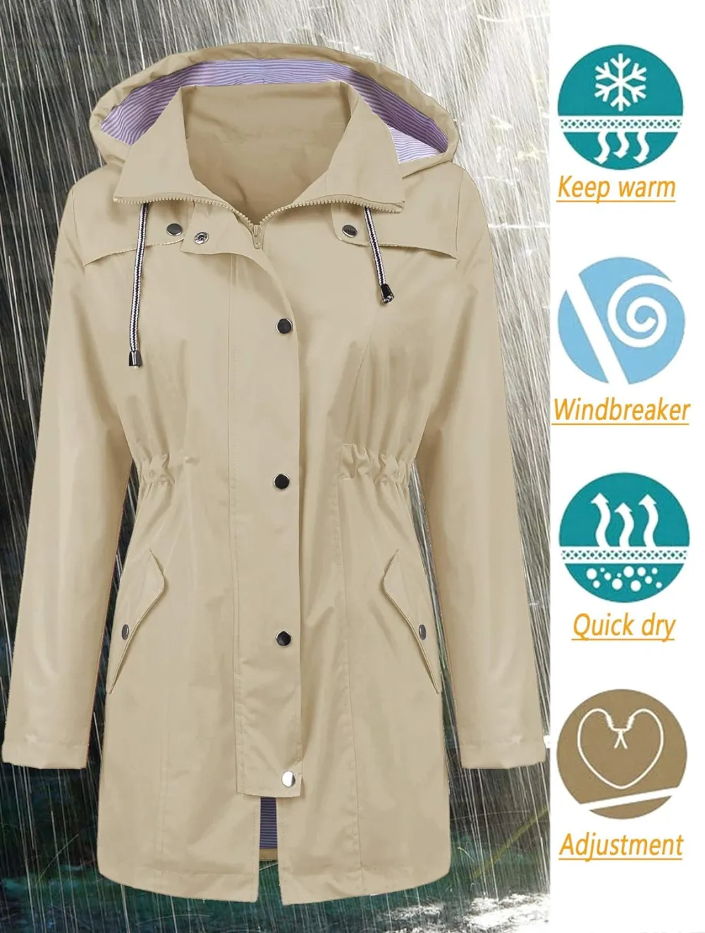 LOMON Raincoat Women Waterproof Long Hooded Trench Coats Lined Windbreaker Travel Jacket S-XXL