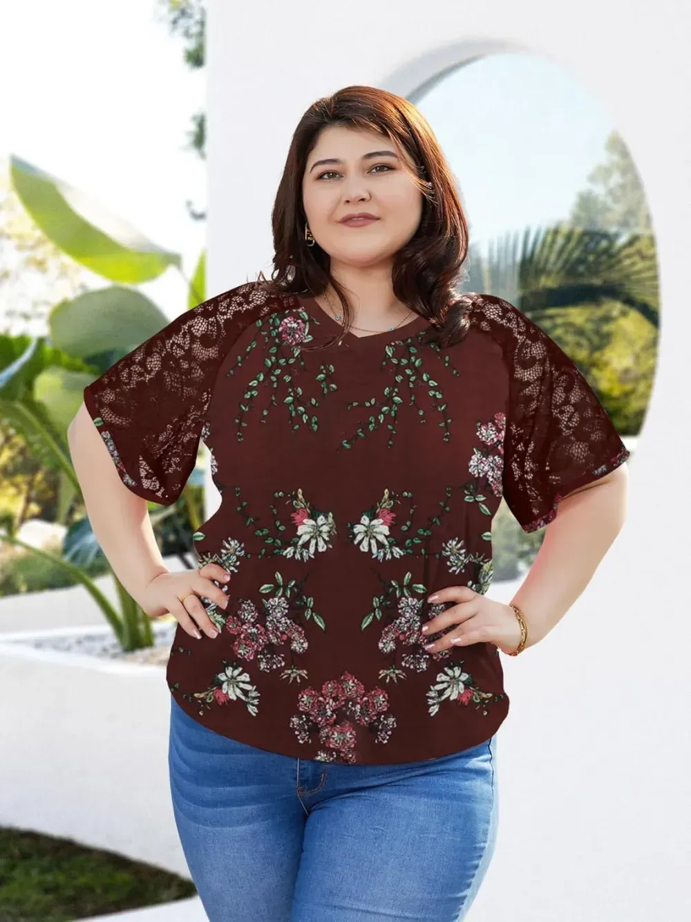 HDLTE Womens Plus Size Tops Floral Bell Sleeves Blouses Summer Crewneck Tunic Loose Casual T Shirts