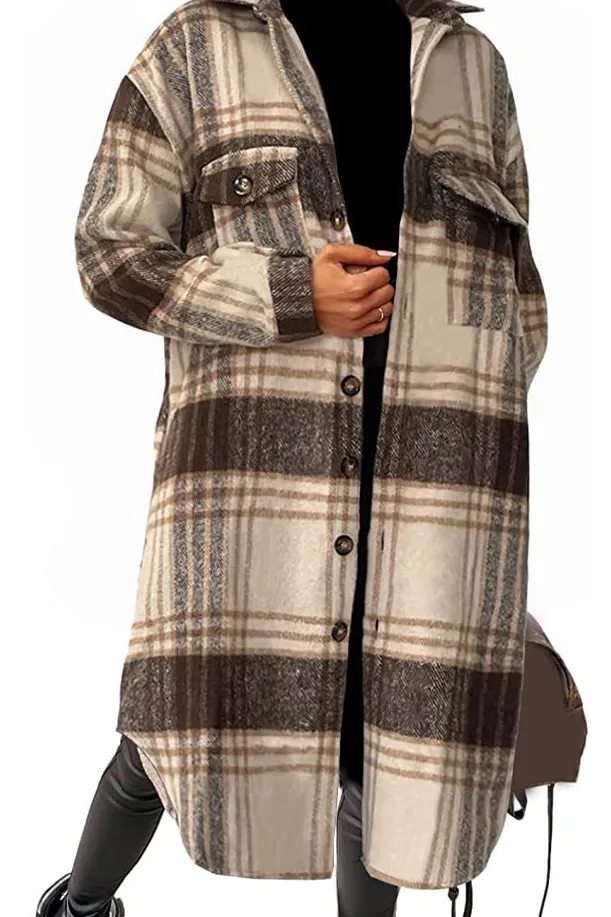 Shirt Collar Button Closure Plaid Coat