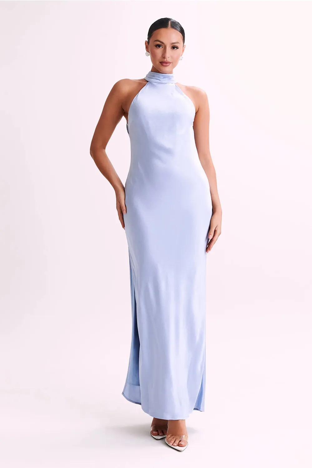 Satin Drape Back Maxi Dress with Split - Black