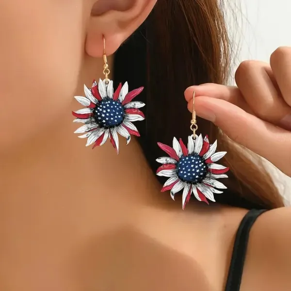 American Independence Day Sunflower Flower Art Earrings