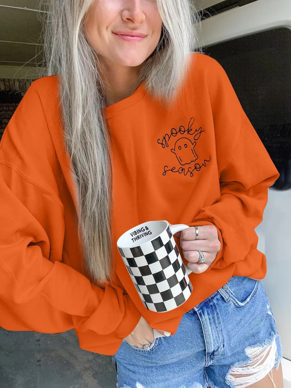 LOTUCY Halloween Sweatshirt Women Cute Spooky Season Sweatshirts Ghost Fall Embroidered Sweater Pullover Top