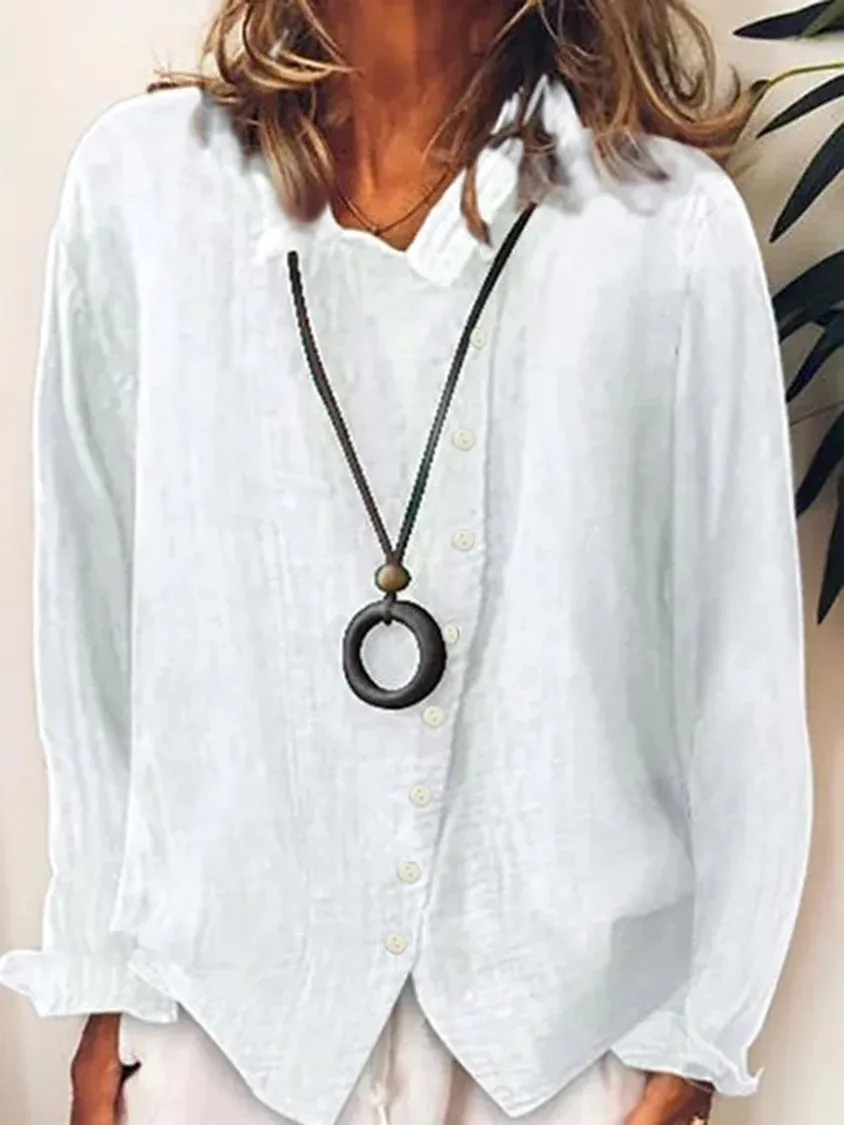 Women Solid Color Long Sleeve Irregular Single-breasted Cotton Linen Shirt Blouse