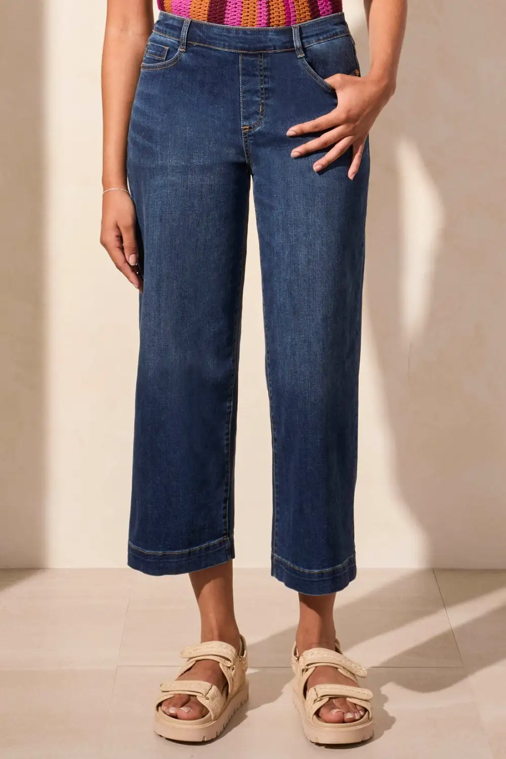 Audrey Comfort Stretch Pull-On Cropped Wide Leg Jeans-Stormyblue