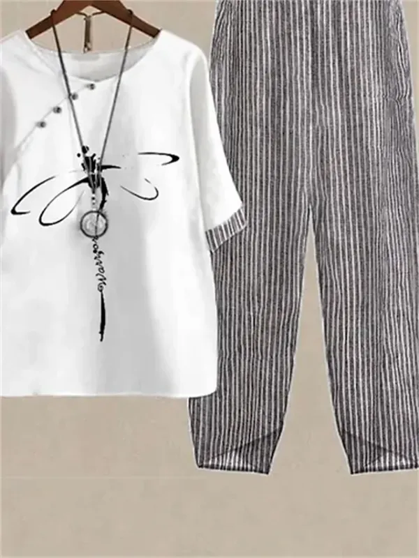 Women's Shirt Pants Sets Pants Trousers Basic White Pink Holiday Weekend Graphic Striped Print Round Neck S M L XL 2XL