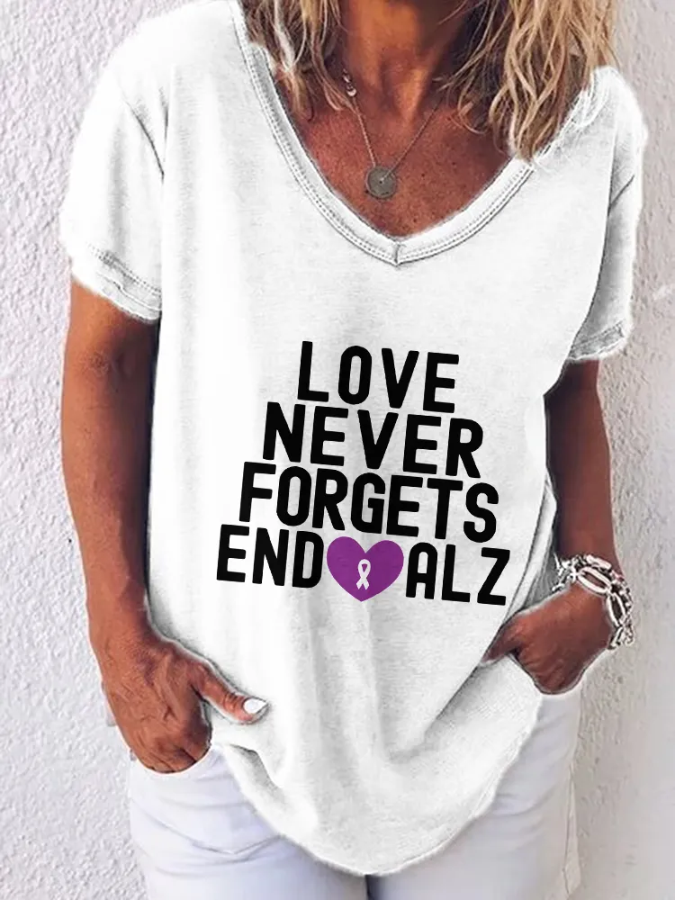 Women'S V-Neck Short-Sleeved T-Shirt Love Never Forgets End Alz Prints