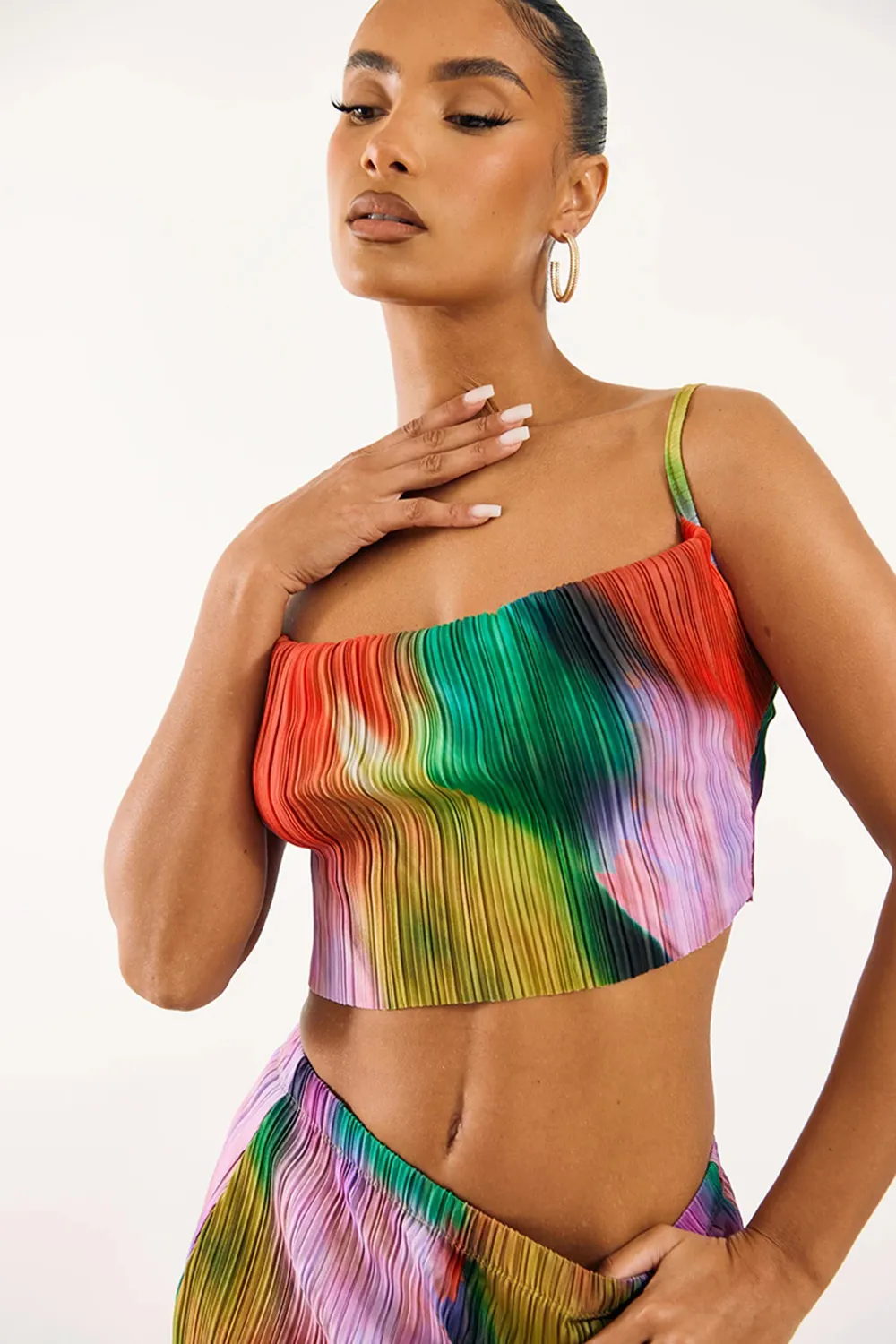 Multi Print Plisse Strappy Cowl Neck Top And Skirt Set