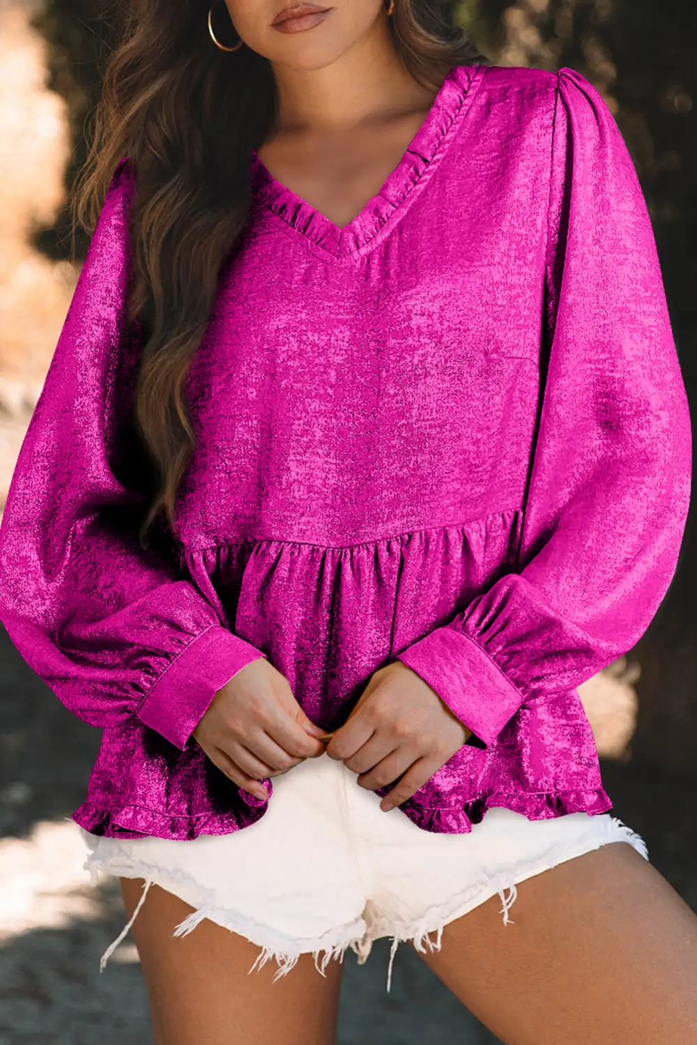 Frilled V-Neck Puff Sleeve Blouse