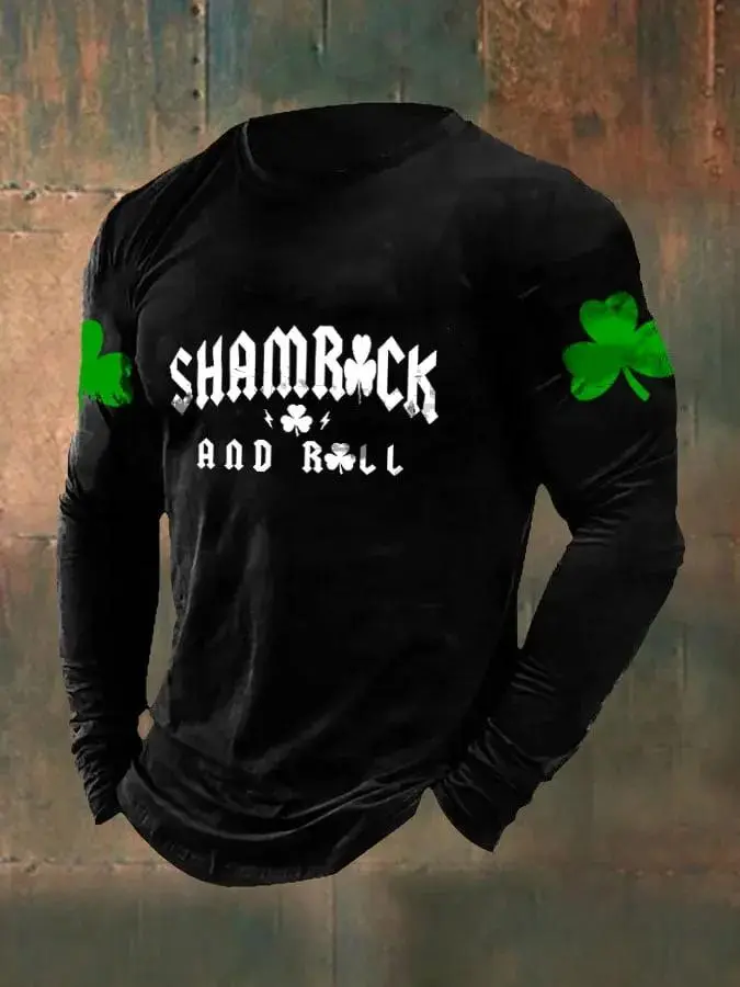 Men's St. Patrick’s Day Shamrock And Roll Print Casual Long Sleeve T-Shirt