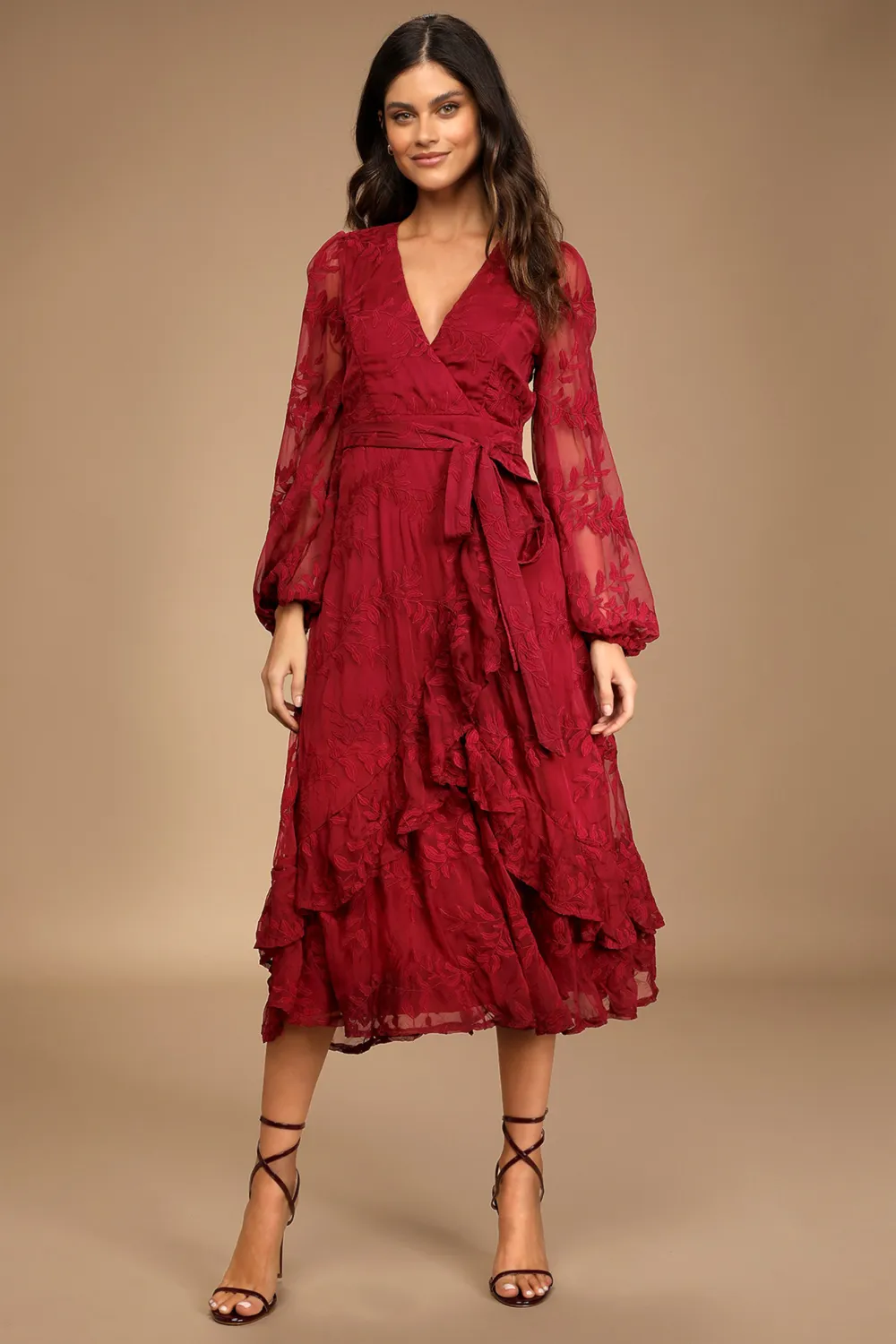 Spectacular Feeling Burgundy Embroidered Faux Wrap Midi Dress