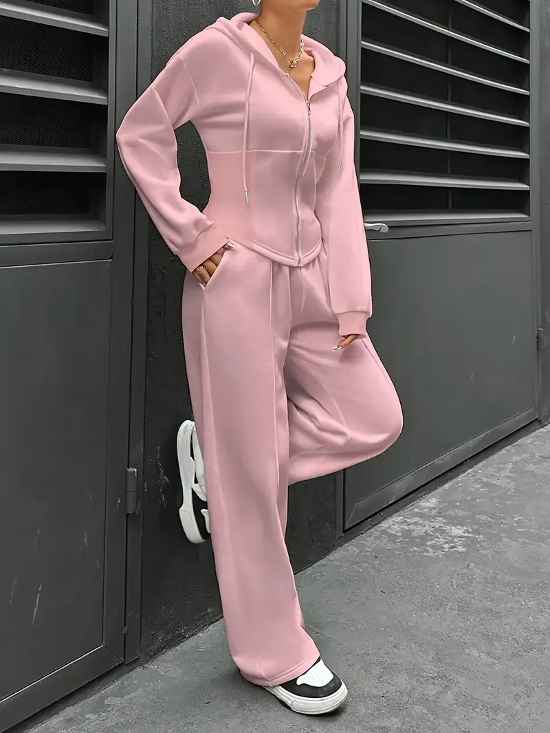 Women's Elegant Solid Color Polyester Hooded Tracksuit Set with Drawstring and Zipper Details – Knit Fabric Pantsuit for All Seasons