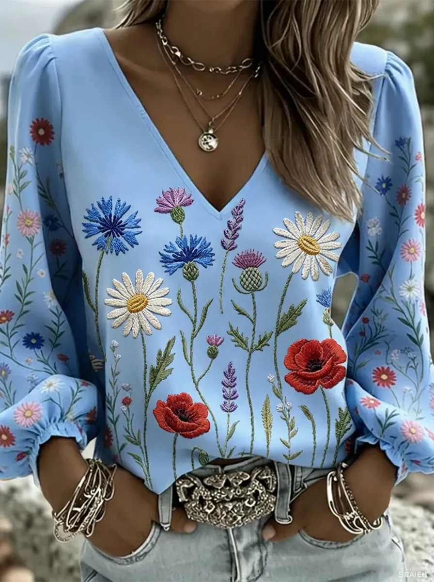 Women's Nashville Wildflower Floral Printed V-neck Top