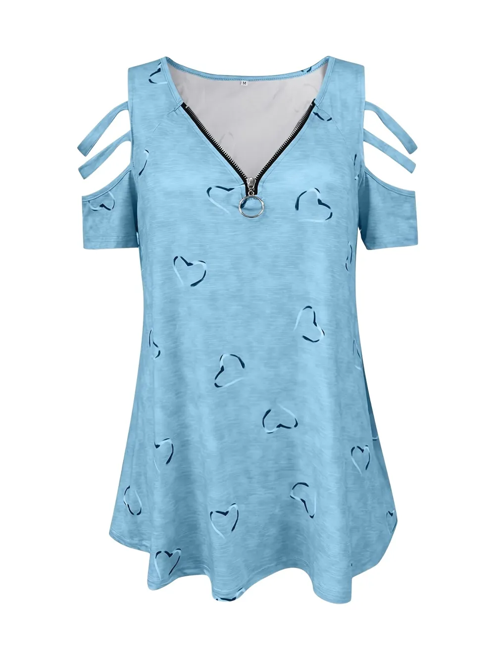 Plus Size Heart Print Zipper Short Sleeve Top, Women's Plus Slight Stretch V Neck Casual T-shirt