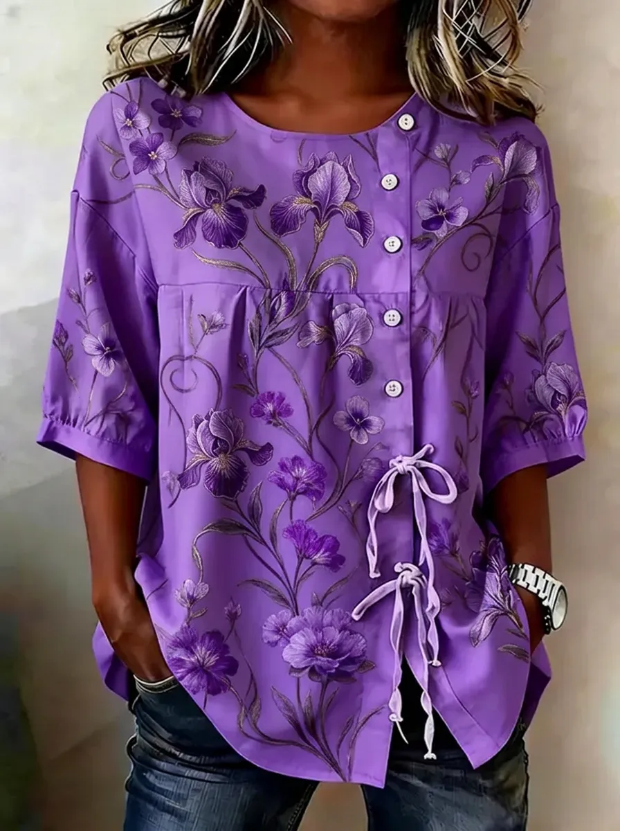 Women's Nashville Floral Iris Pattern Printed Button-Down Top