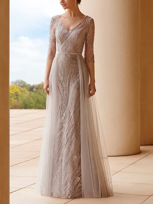 V Neck Mesh Sequin Maxi Dress