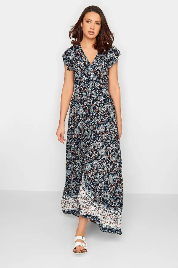LTS Tall Navy Blue Floral Print Border Maxi Dress