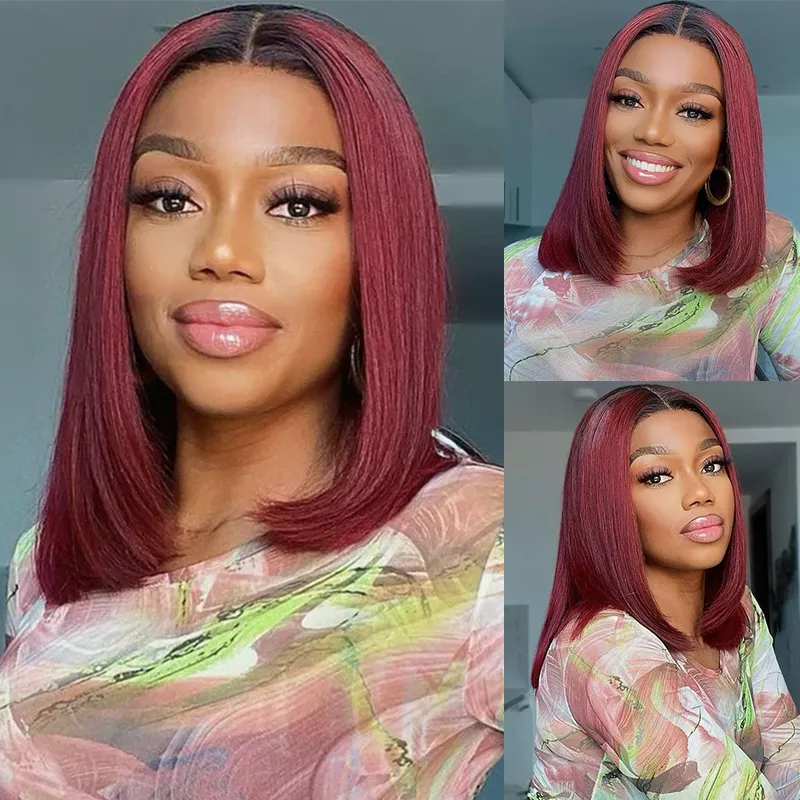 Sterly 1B/99J Burgundy Ombre 13x6 Lace Front Wig Straight Human Hair Bob Wigs for Black Women